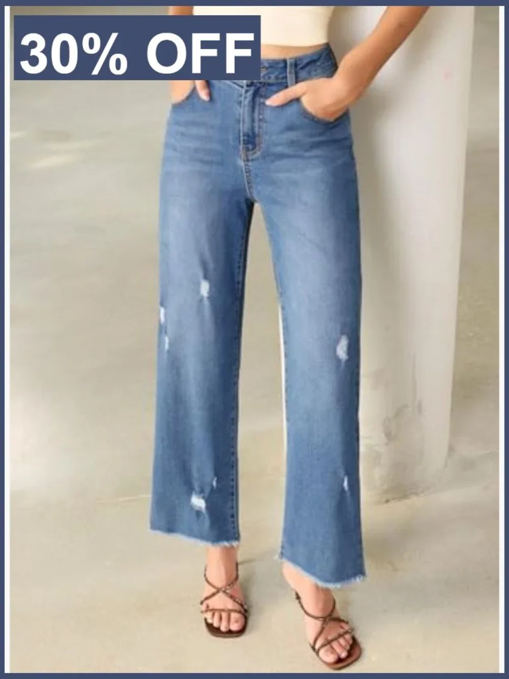Distressed Wide Leg Jeans with Frayed Hem and Pockets - Picture 2 of 7